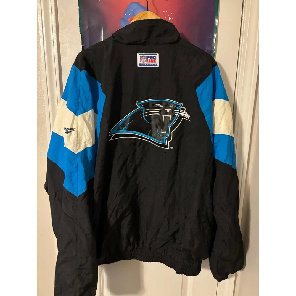 Vintage Reebok NFL Pro Line Carolina Panthers Windbreaker Jacket XXL Black Blue